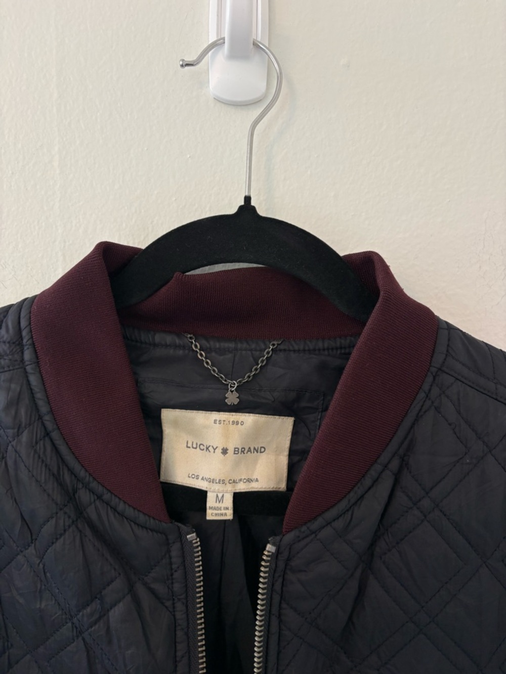 Lucky Brand Quilted Bomber Jacket in Charcoal with Burgundy Trim - Picture 4 of 6